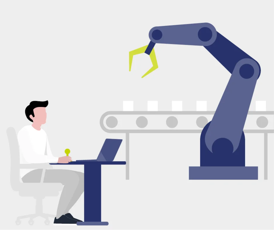 Illustration of robotic arm working alongside human operator at workstation in industrial setting